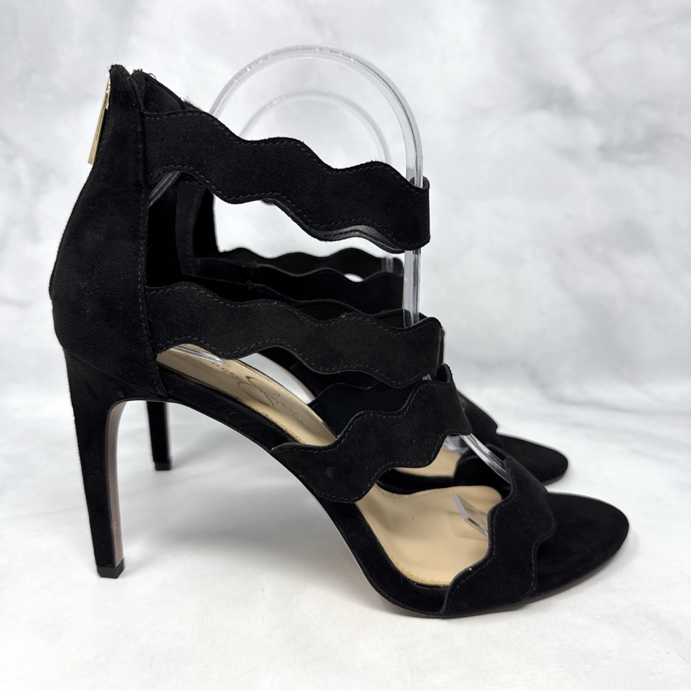 Jessica Simpson Chandri Scalloped Strappy Stiletto Sandal Heels Glam Black 9.5